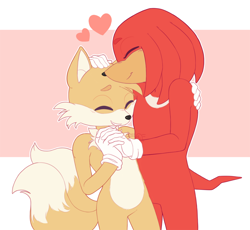 Size: 1200x1105 | Tagged: safe, artist:miidsch, knuckles the echidna, miles "tails" prower, 2025, age difference, cute, duo, flat colors, gay, heart, holding hands, knucklebetes, knuxails, shipping, smile, standing, tailabetes
