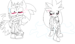 Size: 932x550 | Tagged: safe, artist:r-bunny21, miles "tails" prower, silver the hedgehog, sonic the hedgehog, 2017, age difference, blushing, gay, jealously, kiss, lidded eyes, line art, monochrome, ms paint, shipping, simple background, sitting, sonic x tails, standing, surprise kiss, surprised, sweatdrop, trio, white background