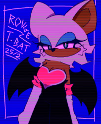 Size: 816x1000 | Tagged: safe, artist:rwmsicle, rouge the bat, 2025, blue background, character name, cleavage, english text, heart nose, lidded eyes, no mouth, simple background, solo, standing, text