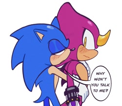 Size: 1357x1187 | Tagged: safe, artist:woniksonik, espio the chameleon, sonic the hedgehog, 2025, blushing, dialogue, duo, english text, gay, hugging, hugging from behind, shipping, simple background, sonespio, speech bubble, standing, talking, text, white background