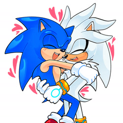 Size: 1961x1961 | Tagged: safe, artist:woniksonik, 2026, cute, duo, eyes closed, gay, heart, hugging, shipping, silvabetes, silver, silver x sonic, simple background, smile, sonabetes, sonic, white background