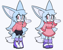 Size: 2048x1634 | Tagged: safe, artist:woniksonik, oc, oc:crystal the fennec fox, 2026, blue fur, boots, clothes, dress, duality, eyelashes, fennec, flat colors, gloves, looking at viewer, oc only, red eyes, shoes, shorts, skirt, smile, socks, solo, standing, sweater
