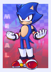 Size: 1448x2048 | Tagged: safe, artist:woniksonik, metal sonic, 2026, border, character name, deroboticized, echo background, english text, looking at viewer, mobianified, not sonic, red eyes, solo, standing, text