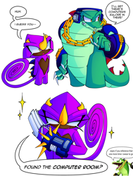 Size: 1536x2034 | Tagged: safe, artist:thehyperbeeflies, espio the chameleon, vector the crocodile, 2026, anonymous editor, claws, dark skin, dialogue, duo, edit, english text, eyelashes, find the computer room, horns, lidded eyes, meme, mouth open, simple background, smile, sparkles, speech bubble, standing, stitched, talking, text, white background