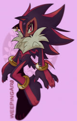 Size: 800x1252 | Tagged: safe, artist:s0lasunder, shadow the hedgehog, 2026, barefoot, ear piercing, earring, eyelashes, fur markings, gloves off, looking at viewer, paws, redesign, solo