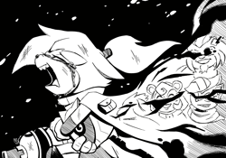 Size: 1280x894 | Tagged: safe, artist:ambersonic96, claire voyance, slinger the ocelot, smithy the lion, whisper the wolf, monkey, 2025, crying, female, greyscale, lion, ocelot, solo, tears, weapon, wispon