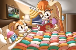Size: 1280x854 | Tagged: safe, artist:ursinetimes, cheese (chao), cream the rabbit, vanilla the rabbit, chao, rabbit, 2025, bed, bedroom, blanket, book, happy, holding something, light, mother and child, mother and daughter, nighttime, pillow, storytime, trio
