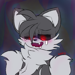 Size: 1280x1280 | Tagged: safe, artist:kptya, miles "tails" prower, oc, oc:tails.exe, 2023, black sclera, crying, drooling, glowing eyes, lidded eyes, looking down, mouth open, one fang, saliva, signature, smile, solo, tears