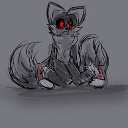 Size: 2048x2048 | Tagged: safe, artist:kptya, miles "tails" prower, oc, oc:tails.exe, 2023, black sclera, bleeding, bleeding from eyes, blood, eye clipping through hair, grey background, looking offscreen, mouth open, signature, simple background, sitting, sketch, solo