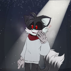 Size: 1280x1280 | Tagged: safe, artist:kptya, miles "tails" prower, oc, oc:tails.exe, 2023, abstract background, black sclera, ear fluff, looking offscreen, mouth open, question mark, scarf, signature, solo, spotlight, standing