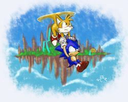 Size: 1024x817 | Tagged: safe, artist:riotaiprower, miles "tails" prower, sonic the hedgehog, 2017, abstract background, angel island, carrying them, classic sonic, classic tails, clouds, daytime, duo, flying, frown, holding hands, looking ahead, looking offscreen, mid-air, outdoors, signature, sonic the hedgehog 3, spinning tails, treads