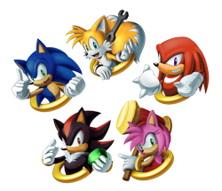 Size: 1280x1102 | Tagged: safe, artist:sonicolas, amy rose, knuckles the echidna, miles "tails" prower, shadow the hedgehog, sonic the hedgehog, 2015, chaos emerald, clenched fists, frown, grey outline, group, holding something, looking at viewer, outline, piko piko hammer, pointing, ring, simple background, smile, transparent background, wrench
