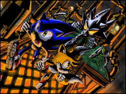 Size: 1024x768 | Tagged: safe, artist:netraptor, miles "tails" prower, robo sonic, sonic the hedgehog, metropolis zone, sonic the hedgehog 2, 2004, abstract background, chasing, fanfiction art, holding hands, lava, machinery, robot, running, slicer, trio