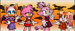 Size: 3450x1450 | Tagged: safe, artist:ch1b1k0, amy rose, blaze the cat, cream the rabbit, rouge the bat, swimsuit