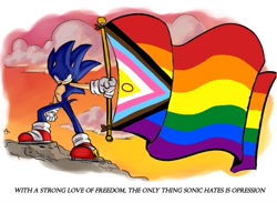 Size: 1290x943 | Tagged: safe, artist:secret_ringsfan, sonic the hedgehog, 2025, english text, flag, holding something, pride, pride flag, progress pride, solo, standing, text