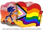 Size: 1290x943 | Tagged: safe, artist:secret_ringsfan, sonic the hedgehog, 2025, english text, flag, holding something, pride, pride flag, progress pride, solo, standing, text