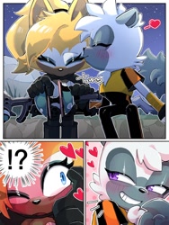 Size: 810x1080 | Tagged: safe, artist:tate3_otoire, tangle the lemur, whisper the wolf, 2025, blushing, comic, duo, exclamation mark, heart, holding something, kiss, kiss on cheek, lesbian, nighttime, outdoors, outline, panels, question mark, shipping, signature, smile, surprised, tangle x whisper