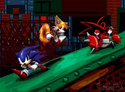 Size: 2048x1516 | Tagged: safe, artist:thespeedguy1991, miles "tails" prower, sonic the hedgehog, metropolis zone, sonic the hedgehog 2, 2026, abstract background, badnik, classic sonic, classic tails, flying, robot, running, shellcracker, smile, trio