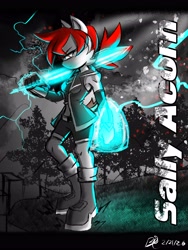 Size: 3072x4096 | Tagged: safe, artist:b1uewhirlwind, sally acorn, chipmunk, 2025, electricity, female, greyscale, ponytail, pose, redesign, shield, solo, standing, sword, weapon