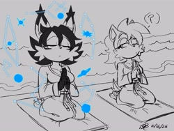 Size: 4096x3072 | Tagged: safe, artist:b1uewhirlwind, nicole the hololynx, sally acorn, chipmunk, lynx, 2026, alternate outfit, clothes, duo, female, meditation, planet, question mark, sitting, speech bubble, water