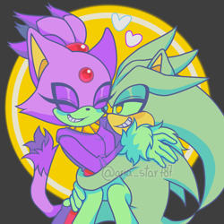 Size: 1280x1280 | Tagged: safe, artist:jade712b, blaze the cat, silver the hedgehog, cat, hedgehog, 2025, duo, female, happy, heart, holding them, hugging, male, shipping, silvaze, sitting, straight