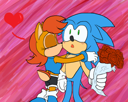 Size: 3000x2400 | Tagged: safe, artist:supersallychan, sally acorn, sonic the hedgehog, chipmunk, hedgehog, 2014, duo, female, flower, heart, holding something, kiss, male, rose, sally x sonic, sally's ringblader outfit, shipping, straight