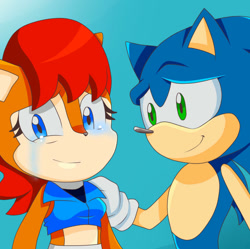 Size: 800x797 | Tagged: safe, artist:millor657, sally acorn, sonic the hedgehog, chipmunk, hedgehog, 2016, comforting, duo, female, male, sally x sonic, sally's ringblader outfit, shipping, simple background, straight, tears