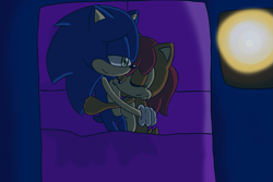 Size: 1495x999 | Tagged: safe, artist:stardust-speedway, sally acorn, sonic the hedgehog, chipmunk, hedgehog, 2015, bed, blanket, duo, female, hugging, lamp, male, nighttime, nudity, sally x sonic, shipping, sleeping, straight