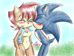 Size: 1576x1212 | Tagged: safe, artist:chaotixbat, sally acorn, sonic the hedgehog, chipmunk, hedgehog, 2022, blushing, daytime, duo, female, kiss, kiss on cheek, male, pencilwork, sally x sonic, sally's vest and boots, shipping, smile, straight