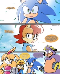 Size: 1449x1782 | Tagged: safe, artist:quaverdraws, antoine d'coolette, bunnie rabbot, rotor walrus, sally acorn, sonic the hedgehog, chipmunk, coyote, hedgehog, rabbit, walrus, 2025, comic, day, dialogue, english text, female, group, male, sally's vest and boots, sonic generations, speech bubble