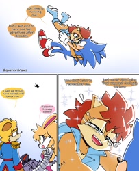 Size: 1449x1782 | Tagged: safe, artist:quaverdraws, antoine d'coolette, bunnie rabbot, sally acorn, sonic the hedgehog, chipmunk, coyote, hedgehog, rabbit, 2025, comic, crying, destroyed robot, dialogue, english text, female, looking at each other, male, quartet, robot, sally's vest and boots, sonic generations, sparkles, speech bubble, swatbot, tears, tears of happiness