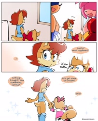 Size: 1666x2048 | Tagged: safe, artist:quaverdraws, alexis acorn, amy rose, sally acorn, sonic the hedgehog, chipmunk, hedgehog, squirrel, 2025, child, comic, dialogue, duo focus, english text, female, holding hands, male, museum, quartet, sally's vest and boots, sparkles, speech bubble, talking, walking
