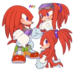 Size: 1534x1478 | Tagged: safe, artist:mossan315, knuckles the echidna, 2022, alternate hairstyle, frown, goggles, grin, hair up, ponytail, riders outfit, simple background, smile, solo, sonic riders, standing, white background