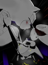 Size: 740x1000 | Tagged: suggestive, artist:umerouge, metal sonic, sonic the hedgehog, 2025, after kiss, duo, gay, holding hands, lidded eyes, looking at them, metonic, monochrome, robot, saliva, saliva trail, shipping