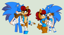 Size: 914x496 | Tagged: safe, artist:mscreepyplaguedoctor, sally acorn, sonic the hedgehog, chipmunk, hedgehog, 2018, duo, female, male, ringblader, sally x sonic, sally's vest and boots, scarf, shipping, simple background, sonic boom (tv), straight
