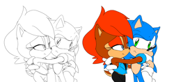 Size: 1800x850 | Tagged: safe, artist:raccoonshinobi, sally acorn, sonic the hedgehog, chipmunk, hedgehog, 2016, duo, female, looking at each other, male, sally x sonic, sally's ringblader outfit, shipping, simple background, straight