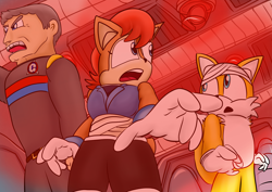 Size: 4960x3508 | Tagged: safe, artist:skippy-008, miles "tails" prower, sally acorn, chipmunk, fox, human, 2022, alternate universe, argument, au:sonic freedom files, bandage, female, g.u.n logo, g.u.n., g.u.n. commander, male, sally's ringblader outfit, trio
