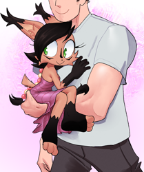 Size: 1983x2377 | Tagged: safe, artist:captainjingo, nicole the hololynx, human, lynx, clothes, cute, dress, female, holding, hug, human on mobian snuggling, male
