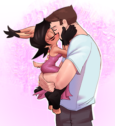 Size: 1983x2162 | Tagged: safe, artist:captainjingo, nicole the hololynx, human, lynx, clothes, couple, cute, dress, female, holding, hug, human on mobian snuggling, interspecies, kiss, kiss on lips, male, romantic