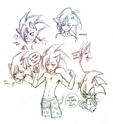 Size: 1022x1122 | Tagged: safe, artist:crumpet, oc, hedgehog, human, 2006, angry, cross popping vein, dialogue, english text, exclamation mark, floppy ears, humanized, line art, monochrome, not sonic, oc only, partially humanized, simple background, sketch, solo, species swap, speech bubble, standing, text, topless, unamused, underwear, unnamed oc, white background