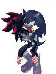 Size: 900x1200 | Tagged: safe, artist:ashura-ou, shadow the hedgehog, 2026, barefoot, deviantart watermark, duo, gay, height difference, holding each other, looking at each other, obtrusive watermark, pawpads, paws, shadow x terios, shipping, simple background, standing, terios the hedgehog, watermark, white background