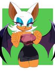 Size: 900x1200 | Tagged: safe, artist:ashura-ou, rouge the bat, 2025, alternate outfit, crop top, deviantart watermark, eyelashes, lidded eyes, looking at viewer, obtrusive watermark, skirt, smile, solo, standing, watermark