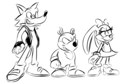 Size: 732x485 | Tagged: safe, artist:antony312dibujo, bearenger the grizzly, carrotia the rabbit, falke wulf, bear, rabbit, wolf, 2026, black and white, buck teeth, chipped ear, eyelashes, lidded eyes, line art, looking offscreen, monochrome, sketch, smile, standing, team witchcarter, trio