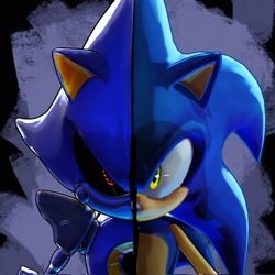 Size: 2048x2048 | Tagged: safe, artist:mashkiel, metal sonic, sonic the hedgehog, 2026, black sclera, duo, frown, looking at viewer, robot, two sides