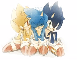 Size: 2048x1590 | Tagged: safe, artist:xiao96146663713, sonic the hedgehog, super sonic, 2026, cute, dark form, dark sonic, eyes closed, frown, lidded eyes, self paradox, signature, simple background, sitting, smile, sonabetes, super form, trio, white background