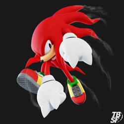 Size: 2000x2000 | Tagged: safe, artist:tbsf-yt, knuckles the echidna, 2025, 3d, black background, clenched fists, looking at viewer, mid-air, simple background, smile, solo, treads