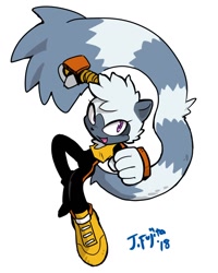 Size: 640x800 | Tagged: safe, artist:j-fujita, tangle the lemur, 2018, clenched fists, looking at viewer, mid-air, mouth open, open smile, signature, simple background, smile, solo, white background