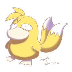 Size: 600x600 | Tagged: safe, artist:j-fujita, miles "tails" prower, 2019, crossover, fusion, fusion:psyduck, fusion:tails, looking up, pokemon, psyduck, signature, simple background, solo, standing, what has science done, white background