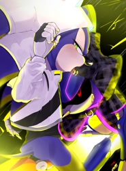 Size: 740x1000 | Tagged: safe, artist:umerouge, metal sonic, sonic the hedgehog, 2025, alternate gloves, duo, gay, hood, hood up, jacket, lidded eyes, metonic, ring (jewelry), robot, shipping, tongue out