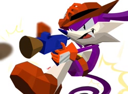 Size: 1000x740 | Tagged: safe, artist:umerouge, nack the weasel, 2025, faux 3d, gun, hand on own head, holding something, mouth open, simple background, solo, sonic the fighters, style emulation, weapon, white background